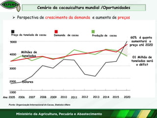 Preço da tonelada de cacau Demanda de cacau Produção de cacau
60% é quanto
aumentará o
preço até 2020
01 Milhão de
toneladas será
o défict
Milhões de
toneladas
Dólares
5000
4000
3000
2000
1000
 Perspectiva de crescimento da demanda e aumento de preços
 