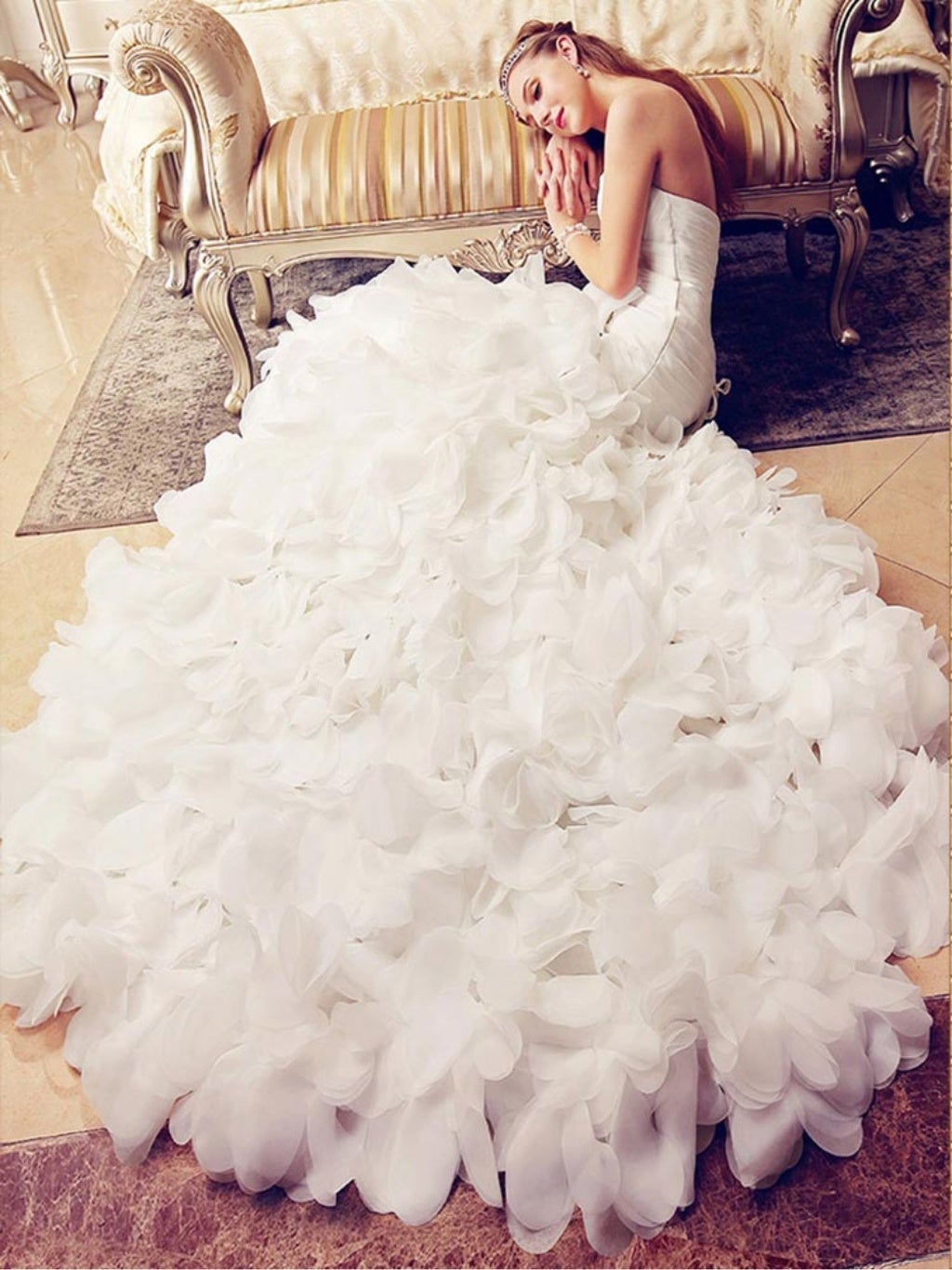 Draped Organza Wedding Dress with Floral Petal Decorated Skirt