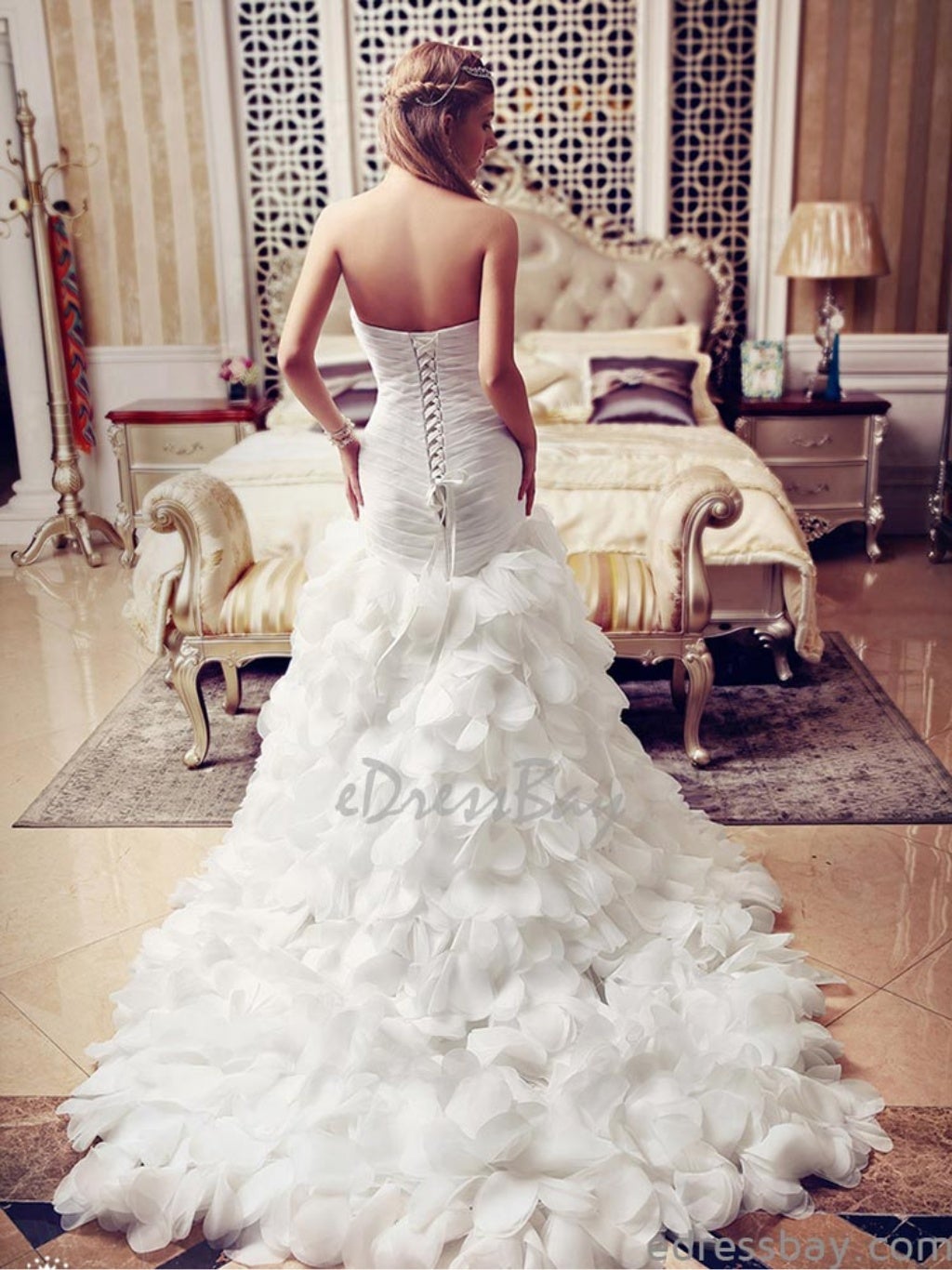 Draped Organza Wedding Dress with Floral Petal Decorated Skirt