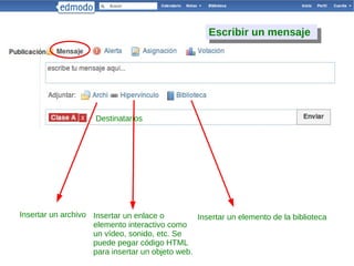 Página principal de Edmodo Clases Filtros Zona de mensajes Notificaciones Sugerencias, administración de clases y etiquetas 