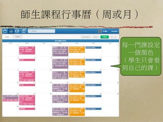 師生課程行事曆（周或月）

         每一門課設定
          一個顏色
         （學生只會看
         到自己的課）
 