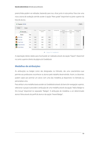 Guia de sobrevivência: Edmodo para professores

preenchidas podem ser editadas, bastando para isso, clicar junto à nota prévia. Para criar uma
nova coluna de avaliação atende aceder à opção “New grade” disponível na parte superior da
lista de alunos.

	
  


Figura 18 - Gradebook

A exportação destes dados para Excel pode ser realizada através da opção “Export” disponível
no canto superior direito da página do Gradebook.

Medalhas de atribuições
As atribuições ou badges como são designadas no Edmodo, são uma característica que
permite aos professores reconhecer os alunos pelo trabalho desenvolvido. Assim, os docentes
podem optar por premiar um aluno com uma das medalhas já disponíveis no Edmodo ou
personalizar uma.
Para atribuir uma medalha basta aceder ao Gradebook através da barra de navegação superior,
selecionar o grupo e proceder à atribuição de uma medalha através da opção "Add a Badge to
this Group" disponível no separador "Badges". A atribuição de medalhas a um determinado
aluno é feita através do perfil do aluno e da opção “Award Badge”.

	
  

19

 