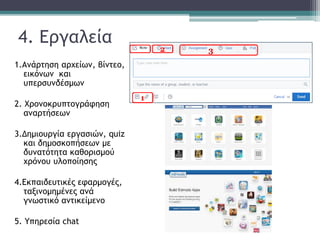 4. Εργαλεία
1.Ανάρτηση αρχείων, βίντεο,
εικόνων και
υπερσυνδέσμων
2. Χρονοκρυπτογράφηση
αναρτήσεων
3.Δημιουργία εργασιών, quiz
και δημοσκοπήσεων με
δυνατότητα καθορισμού
χρόνου υλοποίησης
4.Εκπαιδευτικές εφαρμογές,
ταξινομημένες ανά
γνωστικό αντικείμενο
5. Υπηρεσία chat
3
1
2
 