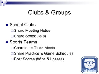 Clubs & Groups
 School Clubs
Share Meeting Notes
Share Schedule(s)
 Sports Teams
Coordinate Track Meets
Share Practice & Game Schedules
Post Scores (Wins & Losses)
 