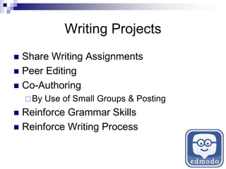 Writing Projects
 Share Writing Assignments
 Peer Editing
 Co-Authoring
By Use of Small Groups & Posting
 Reinforce Grammar Skills
 Reinforce Writing Process
 