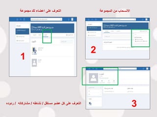 1
2
3
‫مجموعة‬ ‫لك‬ ‫اعضاء‬ ‫على‬ ‫التعرف‬ ‫المجموعة‬ ‫من‬ ‫االنسحاب‬
‫مستقل‬ ‫عضو‬ ‫كل‬ ‫على‬ ‫التعرف‬/‫نشاطه‬/‫مشاركاته‬/‫ردوده‬
 