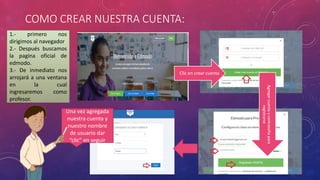 COMO CREAR NUESTRA CUENTA:
1.- primero nos
dirigimos al navegador
2.- Después buscamos
la pagina oficial de
edmodo.
3.- De inmediato nos
arrojará a una ventana
en la cual
ingresaremos como
profesor.
Clic en crear cuenta
Agregarcuentaycontraseñapara
registrarse
Una vez agregada
nuestra cuenta y
nuestro nombre
de usuario dar
“clic” en seguir
 