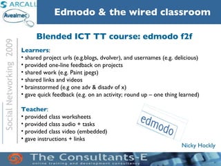 Blended ICT TT course: edmodo f2f Learners :  shared project urls (e.g.blogs, dvolver), and usernames (e.g. delicious)  provided one-line feedback on projects shared work (e.g. Paint jpegs) shared links and videos brainstormed (e.g one adv & disadv of x) gave quick feedback (e.g. on an activity; round up – one thing learned) Teacher : provided class worksheets provided class audio + tasks provided class video (embedded) gave instructions + links 