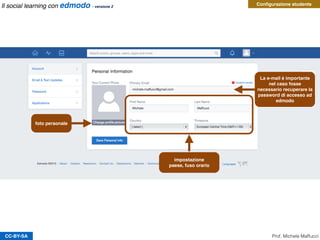CC-BY-SA Prof. Michele Maffucci
foto personale
impostazione
paese, fuso orario
La e-mail è importante
nel caso fosse
necessario recuperare la
password di accesso ad
edmodo
Il social learning con edmodo - versione 2
Conﬁgurazione studente
 