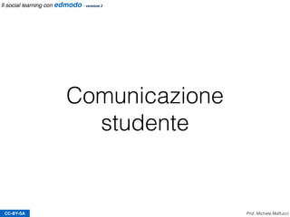 CC-BY-SA Prof. Michele Maffucci
Il social learning con edmodo - versione 2
Conﬁgurazione studente
OPERAZIONE IMPORTANTE. Click su “Conﬁrm email.” per confermare
l’autenticità dei dati inseriti.
La NON conferma non consentirà di utilizzare alcune funzionalità. Alla
conferma verrà visualizzata una spunta di colore verde.
1
2
3
e-mail a cui
confermare
l’iscrizione
CONFERMA E-MAIL DELLO STUDENTE
 