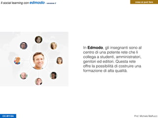 CC-BY-SA
In Edmodo, gli insegnanti sono al
centro di una potente rete che li
collega a studenti, amministratori,
genitori ed editori. Questa rete
offre la possibilità di costruire una
formazione di alta qualità.
Prof. Michele Maffucci
cosa si può fareIl social learning con edmodo - versione 2
 