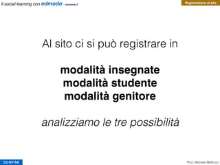 Al sito ci si può registrare in
modalità insegnante
modalità studente
modalità genitore
analizziamo le tre possibilità
CC-BY-SA Prof. Michele Maffucci
Registrazione al sitoIl social learning con edmodo - versione 2
 
