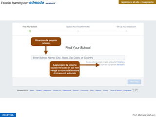CC-BY-SA
registrarsi al sito - insegnante
Prof. Michele Maffucci
Ricercare la propria
scuola
Aggiungere la propria
scuola nel caso in cui non
venga trovoata dal motore
di ricerca di edmodo
Il social learning con edmodo - versione 2
 
