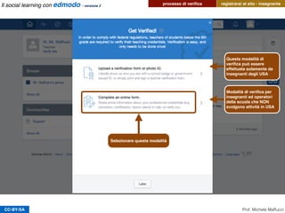 CC-BY-SA
registrarsi al sito - insegnante
Prof. Michele Maffucci
Questa modalità di
veriﬁca può essere
effettuata solamente da
insegnanti degli USA
Modalità di veriﬁca per
insegnanti ed operatori
della scuola che NON
svolgono attività in USA
Selezionare questa modalità
Il social learning con edmodo - versione 2
processo di veriﬁca
 