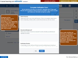 CC-BY-SA
registrarsi al sito - insegnante
Prof. Michele Maffucci
Presenza on-line:
link alla pagina in cui è
elencato la lista del
personale, se non disponibile
il link al blog della classe o al
proprio proﬁlo LinkedIn
oppure link ad articoli che
connettono la vostra attività
alla vostra scuola.
Dove avete studiato per
diventare un educatore, lista
di scuole frequentate e
certiﬁcazioni. Nel caso di
insegnanti italiani può essere
sufﬁciente: Ministry of
Education, Universities and
Research (Italy)
Il social learning con edmodo - versione 2
processo di veriﬁca
 