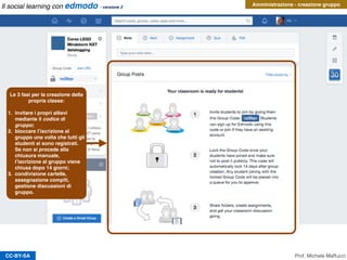 CC-BY-SA
Amministrazione - creazione gruppo
Le 3 fasi per la creazione della
propria classe:
1. invitare i propri allievi
mediante il codice di
gruppo;
2. bloccare l’iscrizione al
gruppo una volta che tutti gli
studenti si sono registrati.
Se non si procede alla
chiusura manuale,
l’iscrizione al gruppo viene
chiusa dopo 14 giorni;
3. condivisione cartelle,
assegnazione compiti,
gestione discussioni di
gruppo.
Prof. Michele Maffucci
Il social learning con edmodo - versione 2
 