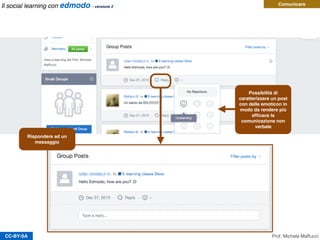 CC-BY-SA
Comunicare
Possibilità di
caratterizzare un post
con delle emoticon in
modo da rendere più
efﬁcace la
comunicazione non
verbale
Rispondere ad un
messaggio
Prof. Michele Maffucci
Il social learning con edmodo - versione 2
 