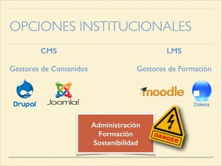 OPCIONES INSTITUCIONALES
CMS
LMS
!
!
Gestores de Contenidos
Gestores de Formación
Administración
Formación
Sostenibilidad