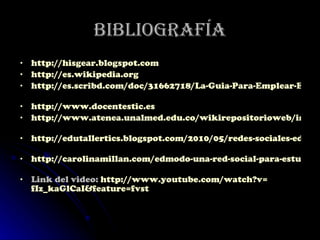 Bibliografía http://hisgear.blogspot.com   http://es.wikipedia.org   http://es.scribd.com/doc/31662718/La-Guia-Para-Emplear-EDMODO   http://www.docentestic.es   http://www.atenea.unalmed.edu.co/wikirepositorioweb/index.php/Edmodo   http://edutallertics.blogspot.com/2010/05/redes-sociales-educativas-edmodo.html   http://carolinamillan.com/edmodo-una-red-social-para-estudiantes-y-profesores   Link del video:  http:// www.youtube.com / watch?v = fIz_kaGlCaI&feature = fvst   