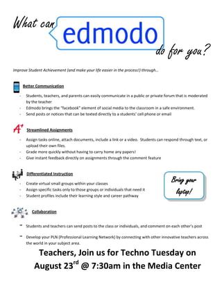 What can
                                                                                  do for you?
Improve Student Achievement (and make your life easier in the process!) through…


       Better Communication

   -    Students, teachers, and parents can easily communicate in a public or private forum that is moderated
        by the teacher
   -    Edmodo brings the “facebook” element of social media to the classroom in a safe environment.
   -    Send posts or notices that can be texted directly to a students’ cell phone or email


        Streamlined Assignments

   -    Assign tasks online, attach documents, include a link or a video. Students can respond through text, or
        upload their own files.
   -    Grade more quickly without having to carry home any papers!
   -    Give instant feedback directly on assignments through the comment feature


        Differentiated Instruction

   -    Create virtual small groups within your classes
                                                                                          Bring your
   -
   -
        Assign specific tasks only to those groups or individuals that need it
        Student profiles include their learning style and career pathway
                                                                                           laptop!

           Collaboration


   -    Students and teachers can send posts to the class or individuals, and comment on each other’s post

   -    Develop your PLN (Professional Learning Network) by connecting with other innovative teachers across
        the world in your subject area.

             Teachers, Join us for Techno Tuesday on
            August 23rd @ 7:30am in the Media Center
 