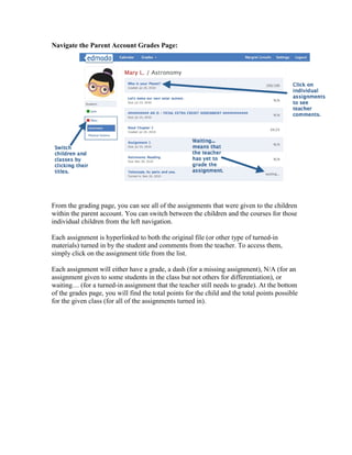 Navigate the Parent Account Grades Page:




From the grading page, you can see all of the assignments that were given to the children
within the parent account. You can switch between the children and the courses for those
individual children from the left navigation.

Each assignment is hyperlinked to both the original file (or other type of turned-in
materials) turned in by the student and comments from the teacher. To access them,
simply click on the assignment title from the list.

Each assignment will either have a grade, a dash (for a missing assignment), N/A (for an
assignment given to some students in the class but not others for differentiation), or
waiting… (for a turned-in assignment that the teacher still needs to grade). At the bottom
of the grades page, you will find the total points for the child and the total points possible
for the given class (for all of the assignments turned in).
 