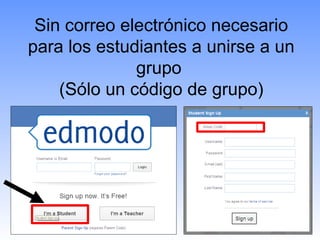 Sin correo electrónico necesario
para los estudiantes a unirse a un
              grupo
    (Sólo un código de grupo)
 