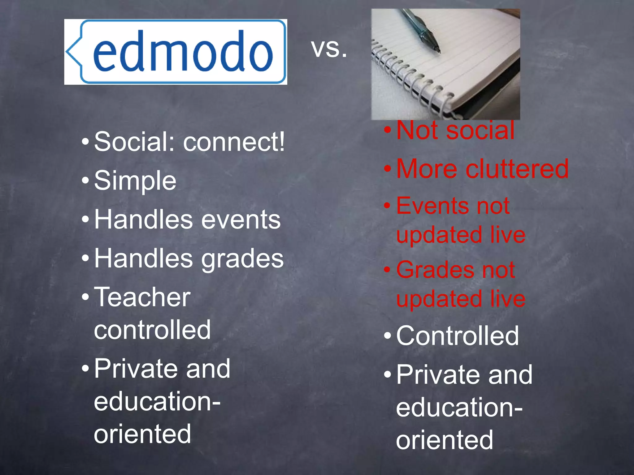 vs.


• Social: connect!         • Not social
• Simple                   • More cluttered
                           • Events not
• Handles events
                             updated live
• Handles grades           • Grades not
• Teacher                    updated live
  controlled               • Controlled
• Private and              • Private and
  education-                 education-
  oriented                   oriented
 