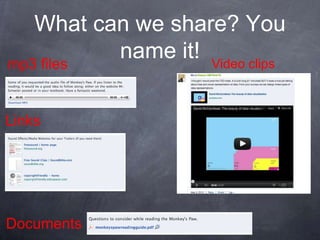 What can we share? You
mp3 files
          name it! Video clips

Links




Documents
 