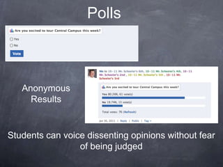 Polls



   Anonymous
     Results


Students can voice dissenting opinions without fear
                 of being judged
 