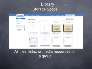 Library
           Storage Space




All files, links, or media resources for
                  a group
 
