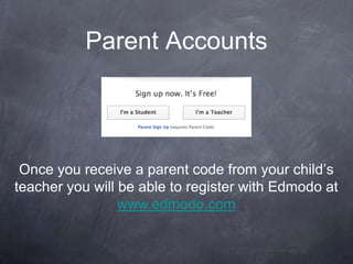 Parent Accounts




 Once you receive a parent code from your child’s
teacher you will be able to register with Edmodo at
                 www.edmodo.com
 