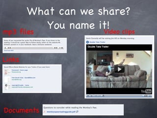 What can we share? You name it! Video clips Links   Documents mp3 files 
