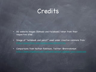 Credits All website images (Edmodo and Facebook) taken from their respective sites Image of “notebook and pencil” used under creative commons from  http://www.flickr.com/photos/elea/201457176/ Comparisons from Nathan Robinson, Twitter: @mrnrobinson  http://www.slideshare.net/nathandrobinson/edmodo-your-classroom-online   