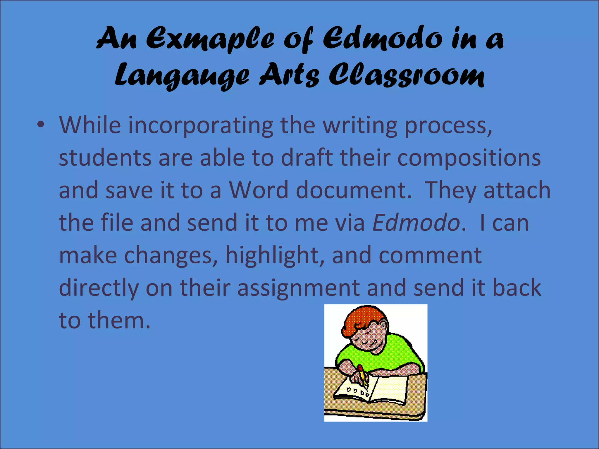 An Exmaple of Edmodo in a Langauge Arts Classroom While incorporating the writing process, students are able to draft their compositions and save it to a Word document.  They attach the file and send it to me via  Edmodo .  I can make changes, highlight, and comment directly on their assignment and send it back to them. 