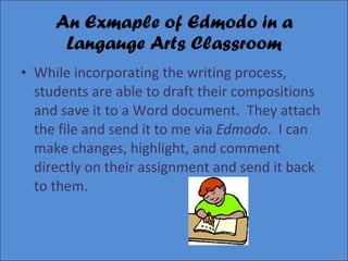 An Exmaple of Edmodo in a Langauge Arts Classroom While incorporating the writing process, students are able to draft their compositions and save it to a Word document.  They attach the file and send it to me via  Edmodo .  I can make changes, highlight, and comment directly on their assignment and send it back to them. 