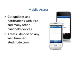 Mobile Access

Get updates and
notifications with iPad
and many other
handheld devices
Access Edmodo on any
web browser
atedmodo.com
 