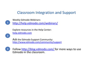 Classroom Integration and Support
    Weekly Edmodo Webinars:
1   http://help.edmodo.com/webinars/

    Explore resources in the Help Center:
    help.edmodo.com
2
    Ask the Edmodo Support Community:
    http://www.edmodo.com/community/support

3   Follow http://blog.edmodo.com/ for more ways to use
    Edmodo in the classroom.
 