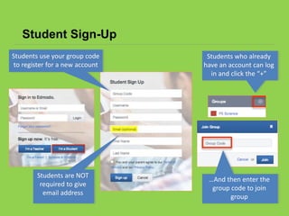 Student Sign-Up
Students who already
have an account can log
in and click the “+”
Students are NOT
required to give
email address
Students use your group code
to register for a new account
…And then enter the
group code to join
group
 