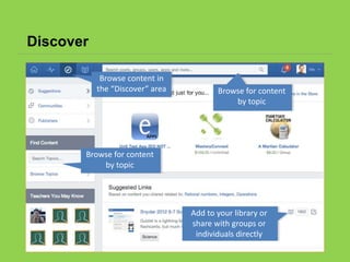 Discover
Add to your library or
share with groups or
individuals directly
Browse for content
by topic
Browse for content
by topic
Browse content in
the “Discover” area
 