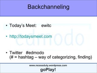 Backchanneling Today’s Meet:  ewitc http://todaysmeet.com Twitter  #edmodo  (# = hashtag – way of categorizing, finding) 
