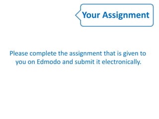 Please complete the assignment that is given to
you on Edmodo and submit it electronically.
Your Assignment
 
