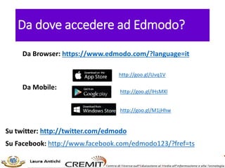 Da dove accedere ad Edmodo?
Su twitter: http://twitter.com/edmodo
Da Browser: https://www.edmodo.com/?language=it
Da Mobil...