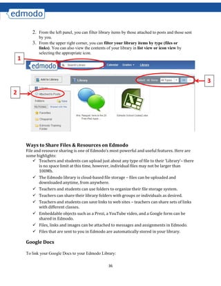 36
2. From the left panel, you can filter library items by those attached to posts and those sent
by you.
3. From the upper right corner, you can filter your library items by type (files or
links). You can also view the contents of your library in list view or icon view by
selecting the appropriate icon.
Ways to Share Files & Resources on Edmodo
File and resource sharing is one of Edmodo’s most powerful and useful features. Here are
some highlights:
 Teachers and students can upload just about any type of file to their ‘Library’– there
is no space limit at this time, however, individual files may not be larger than
100Mb.
 The Edmodo library is cloud-based file storage – files can be uploaded and
downloaded anytime, from anywhere.
 Teachers and students can use folders to organize their file storage system.
 Teachers can share their library folders with groups or individuals as desired.
 Teachers and students can save links to web sites – teachers can share sets of links
with different classes.
 Embeddable objects such as a Prezi, a YouTube video, and a Google form can be
shared in Edmodo.
 Files, links and images can be attached to messages and assignments in Edmodo.
 Files that are sent to you in Edmodo are automatically stored in your library.
Google Docs
To link your Google Docs to your Edmodo Library:
1
2
3
 