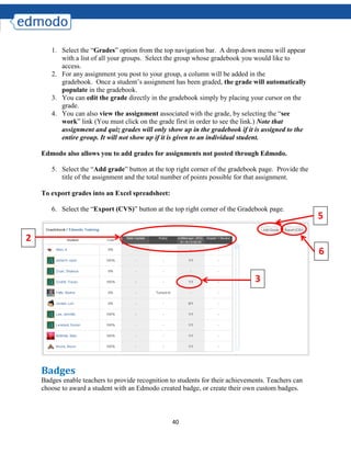 40
1. Select the “Grades” option from the top navigation bar. A drop down menu will appear
with a list of all your groups. Select the group whose gradebook you would like to
access.
2. For any assignment you post to your group, a column will be added in the
gradebook. Once a student’s assignment has been graded, the grade will automatically
populate in the gradebook.
3. You can edit the grade directly in the gradebook simply by placing your cursor on the
grade.
4. You can also view the assignment associated with the grade, by selecting the “see
work” link (You must click on the grade first in order to see the link.) Note that
assignment and quiz grades will only show up in the gradebook if it is assigned to the
entire group. It will not show up if it is given to an individual student.
Edmodo also allows you to add grades for assignments not posted through Edmodo.
5. Select the “Add grade” button at the top right corner of the gradebook page. Provide the
title of the assignment and the total number of points possible for that assignment.
To export grades into an Excel spreadsheet:
6. Select the “Export (CVS)” button at the top right corner of the Gradebook page.
Badges
Badges enable teachers to provide recognition to students for their achievements. Teachers can
choose to award a student with an Edmodo created badge, or create their own custom badges.
5
6
3
2
 