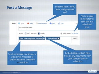 Select to post a note,
Post a Message                   alert, assignment or
                                          poll
                                                            Post message
                                                           immediately or
                                                            send out at a
                                                             scheduled
                                                                time.




Send a message to a group, or               Embed videos, attach files,
   post direct messages to                links or any documents from
 specific students or teacher                 your Edmodo Library
          connections                               collection
 