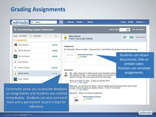 Grading Assignments




                                            Students can attach
                                            documents, links or
                                               embed video.
                                           Teachers can annotate
                                               assignments.



Comments allow you to provide feedback
on assignments and students are notified
immediately. Students can also comment
 back and a permanent record is kept for
               reference.
 