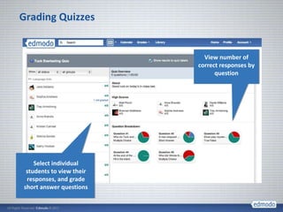 Grading Quizzes


                            View number of
                          correct responses by
                                question




    Select individual
 students to view their
 responses, and grade
short answer questions
 