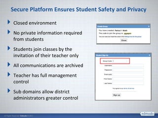 Secure Platform Ensures Student Safety and Privacy

Closed environment
No private information required
from students
Students join classes by the
invitation of their teacher only
All communications are archived
Teacher has full management
control
Sub domains allow district
administrators greater control
 