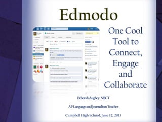 One Cool
Tool to
Connect,
Engage
and
Collaborate
DeborahAughey,NBCT
APLanguageandJournalismTeacher
Campbell High School, June 12, 2013
Edmodo
 