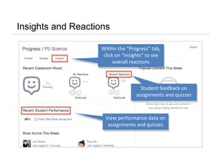 Insights and Reactions
View performance data on
assignments and quizzes
View performance data on
assignments and quizzes
Student feedback on
assignments and quizzes
Student feedback on
assignments and quizzes
Within the “Progress” tab,
click on “Insights” to see
overall reactions
Within the “Progress” tab,
click on “Insights” to see
overall reactions
 